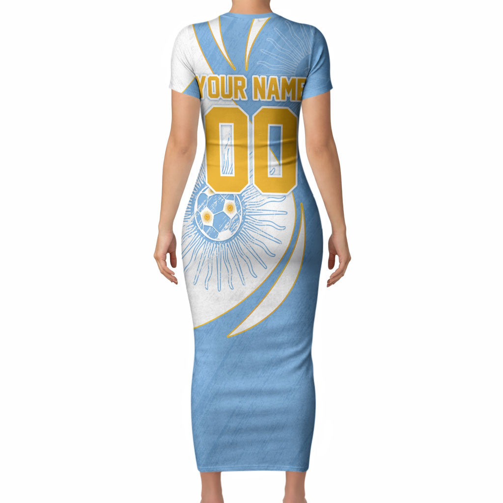 Personalized Argentina Football Fan Pride Short Sleeve Bodycon Dress Sun Of May Motif With Distressed Textures And Waves