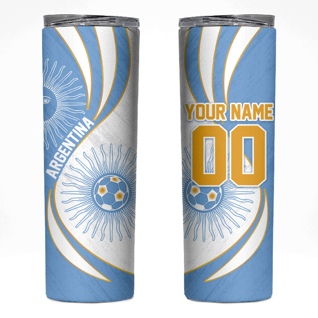 Personalized Argentina Football Fan Pride Skinny Tumbler Sun Of May Motif With Distressed Textures And Waves