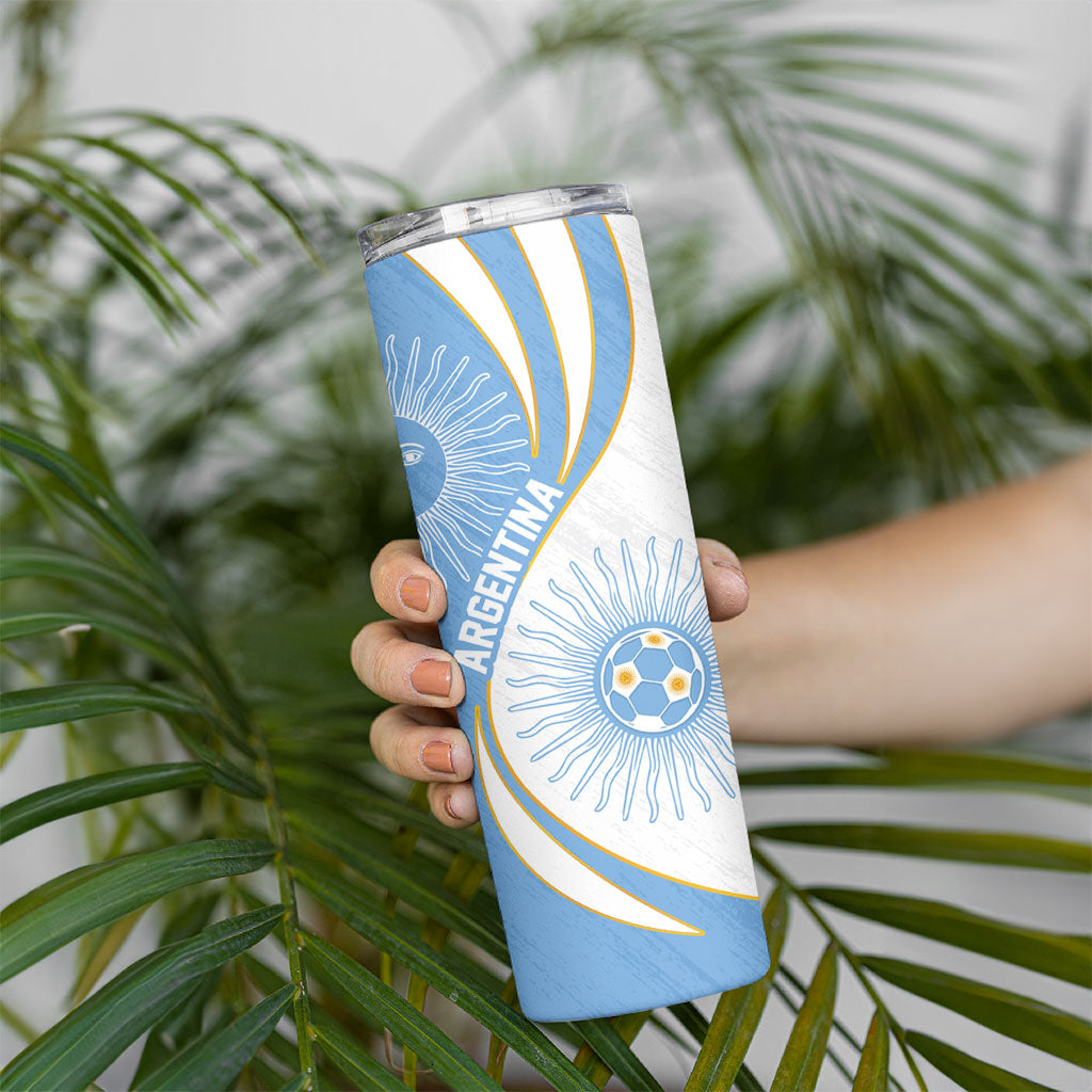 Personalized Argentina Football Fan Pride Skinny Tumbler Sun Of May Motif With Distressed Textures And Waves