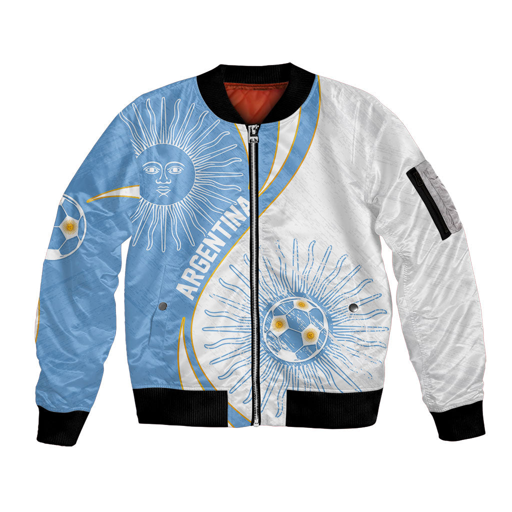 Personalized Argentina Football Fan Pride Sleeve Zip Bomber Jacket Sun Of May Motif With Distressed Textures And Waves