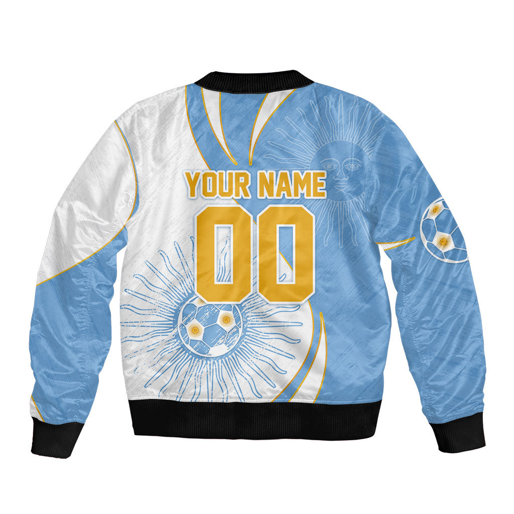 Personalized Argentina Football Fan Pride Sleeve Zip Bomber Jacket Sun Of May Motif With Distressed Textures And Waves