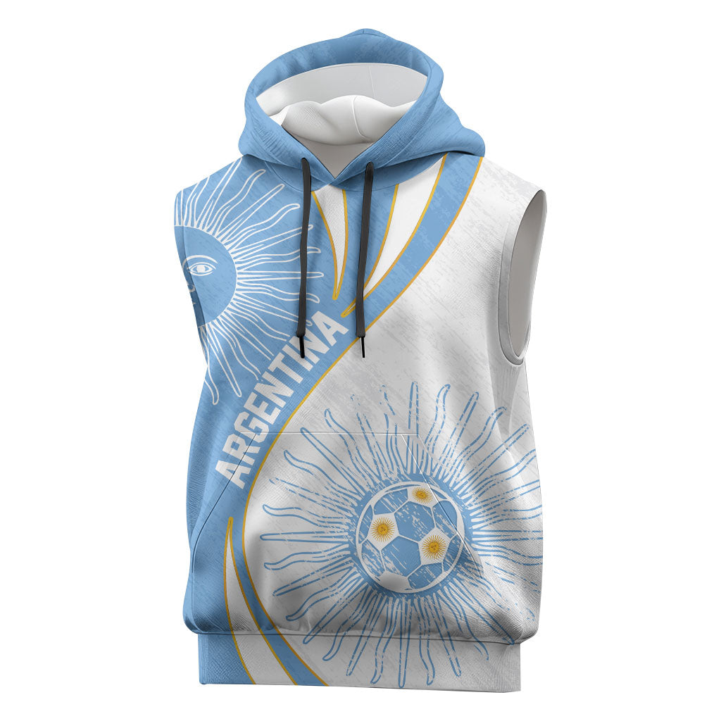 Personalized Argentina Football Fan Pride Sleeveless Hoodie Sun Of May Motif With Distressed Textures And Waves