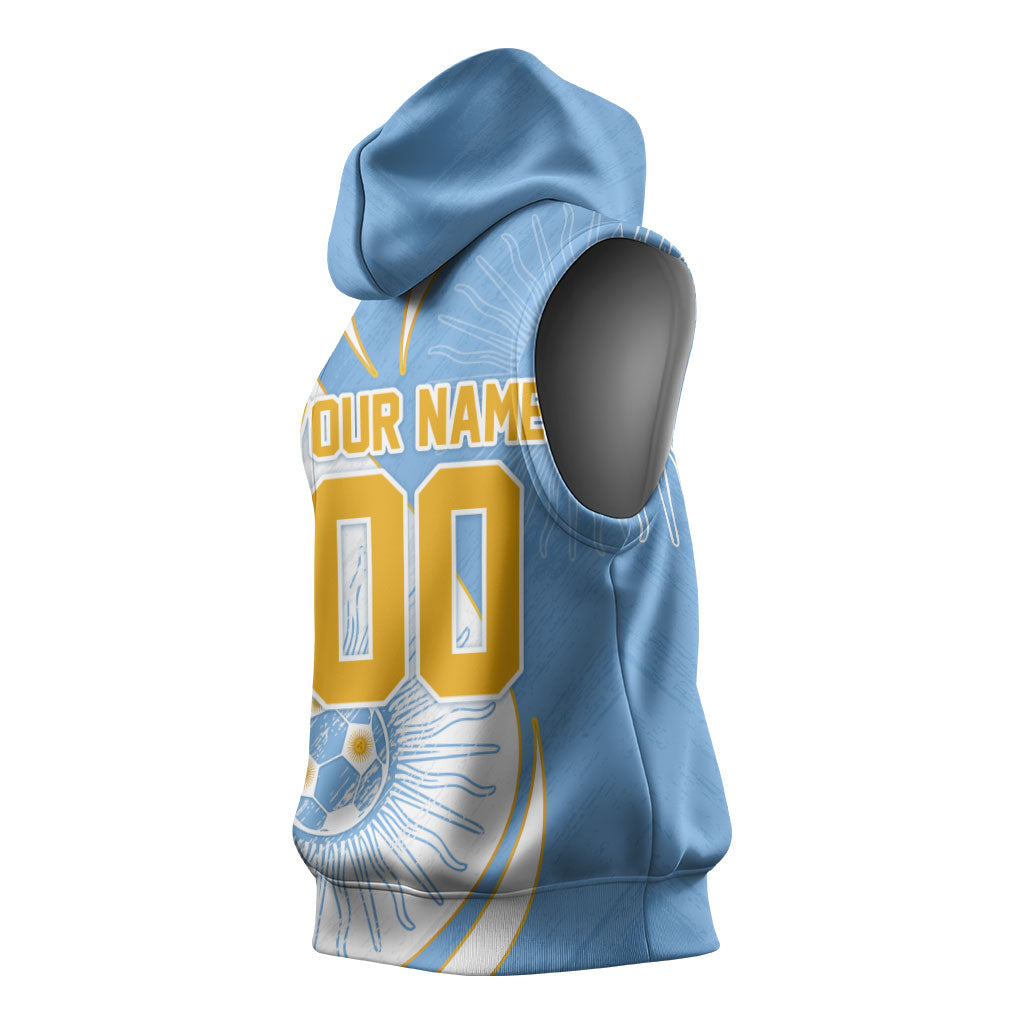 Personalized Argentina Football Fan Pride Sleeveless Hoodie Sun Of May Motif With Distressed Textures And Waves