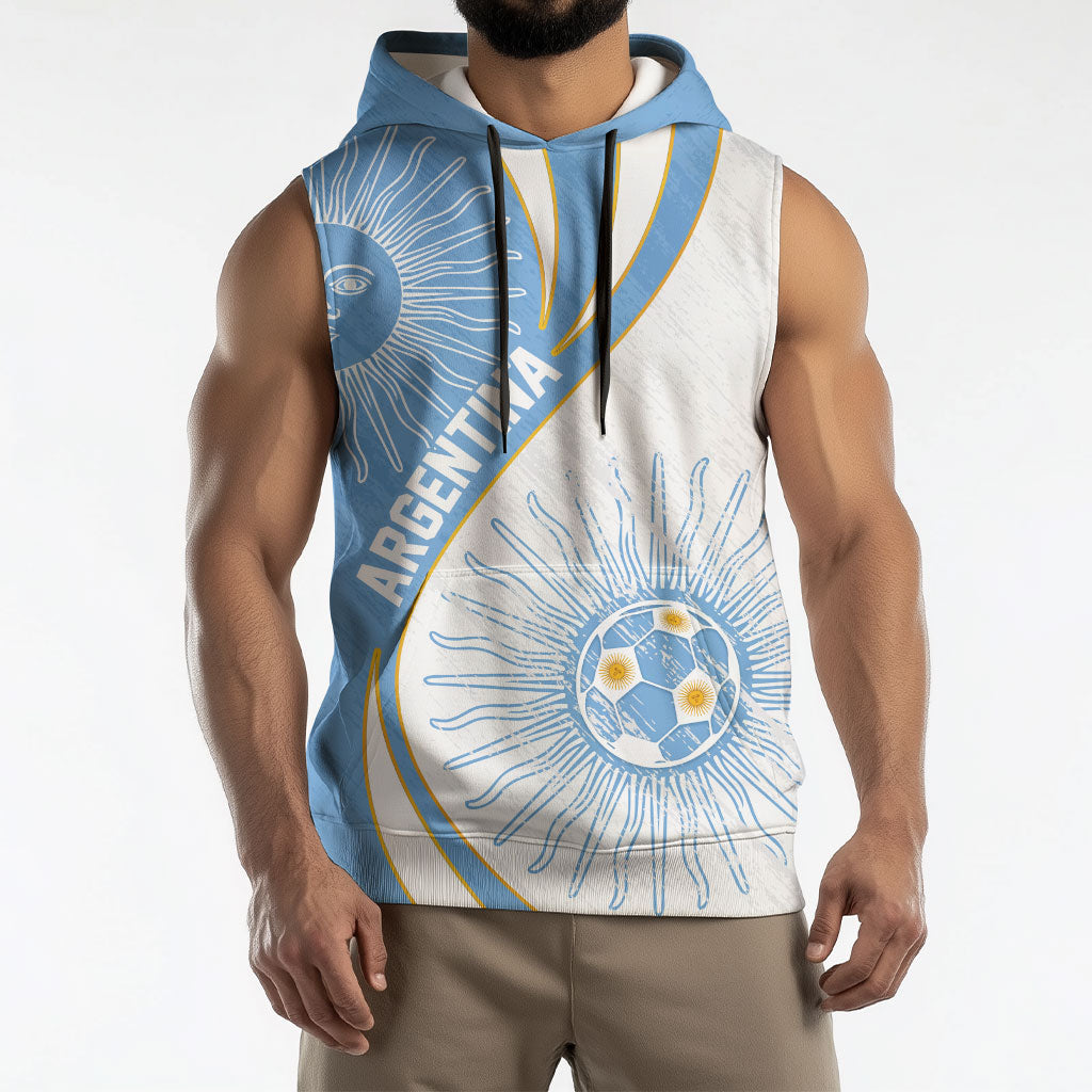 Personalized Argentina Football Fan Pride Sleeveless Hoodie Sun Of May Motif With Distressed Textures And Waves