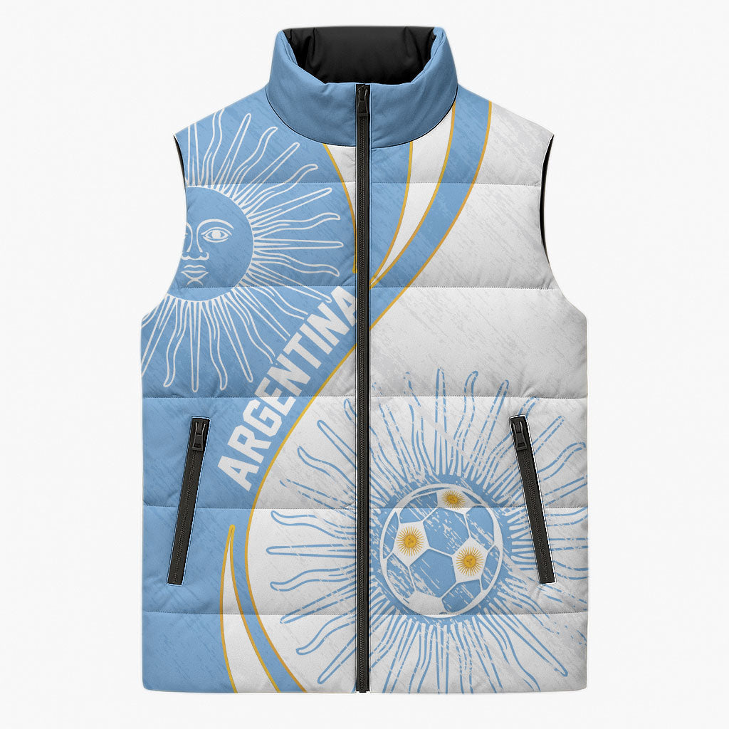 Personalized Argentina Football Fan Pride Sleeveless Puffer Jacket Sun Of May Motif With Distressed Textures And Waves