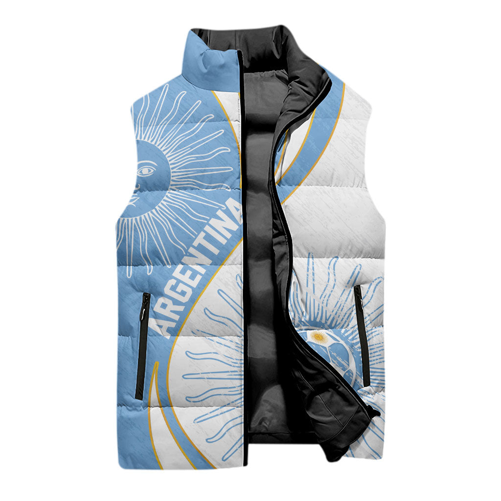 Personalized Argentina Football Fan Pride Sleeveless Puffer Jacket Sun Of May Motif With Distressed Textures And Waves
