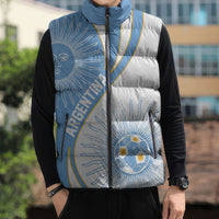 Personalized Argentina Football Fan Pride Sleeveless Puffer Jacket Sun Of May Motif With Distressed Textures And Waves