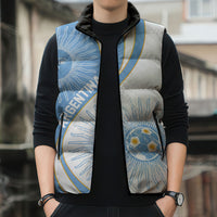 Personalized Argentina Football Fan Pride Sleeveless Puffer Jacket Sun Of May Motif With Distressed Textures And Waves