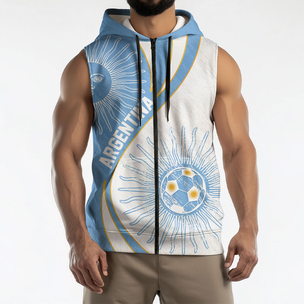 Personalized Argentina Football Fan Pride Sleeveless Zip Hoodie Sun Of May Motif With Distressed Textures And Waves