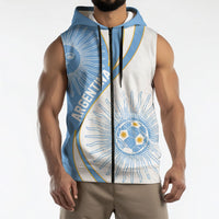 Personalized Argentina Football Fan Pride Sleeveless Zip Hoodie Sun Of May Motif With Distressed Textures And Waves