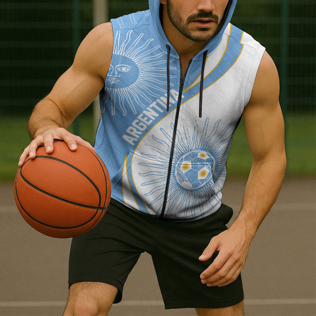 Personalized Argentina Football Fan Pride Sleeveless Zip Hoodie Sun Of May Motif With Distressed Textures And Waves