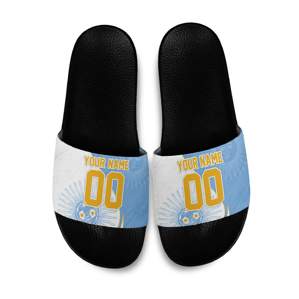 Personalized Argentina Football Fan Pride Slide Sandals Sun Of May Motif With Distressed Textures And Waves