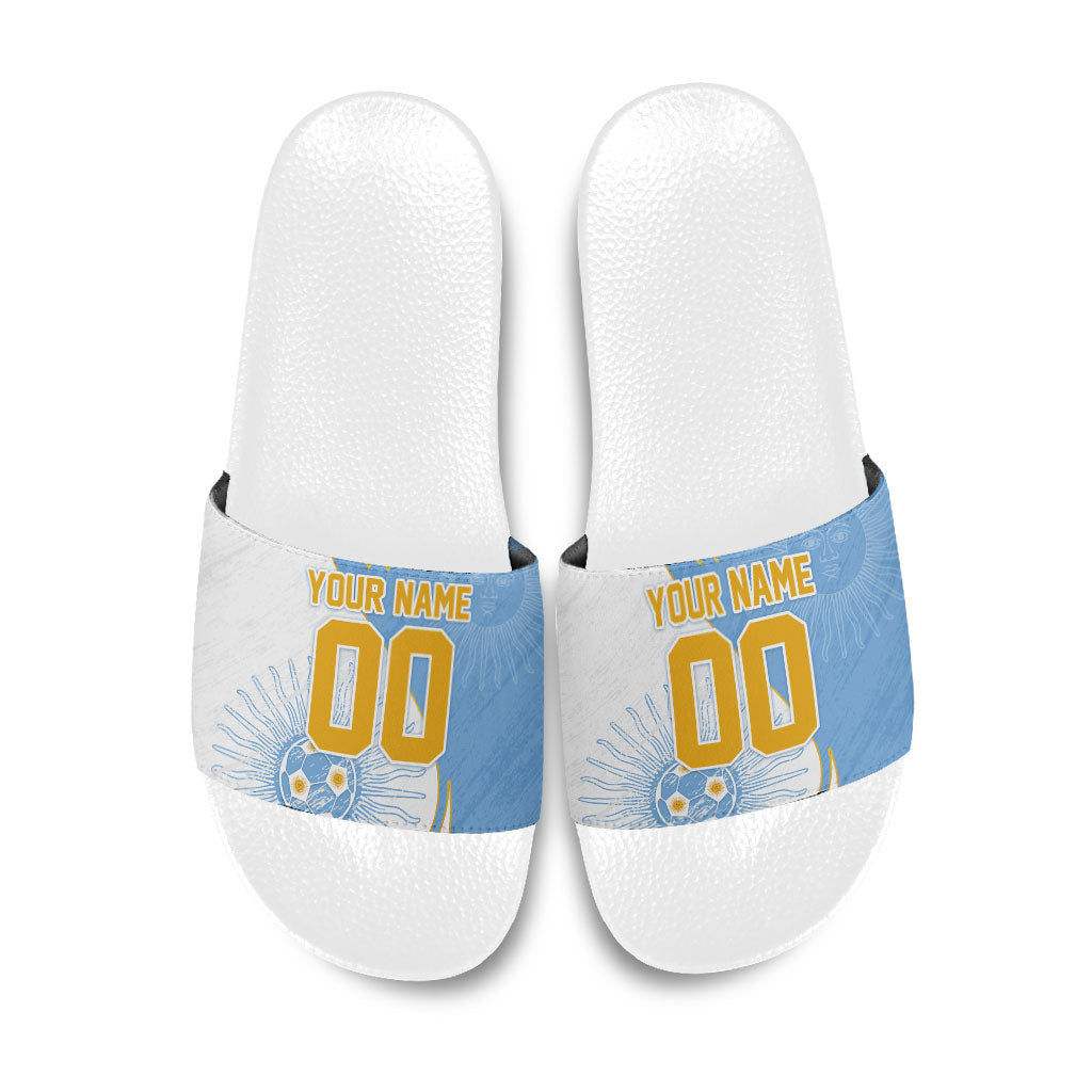Personalized Argentina Football Fan Pride Slide Sandals Sun Of May Motif With Distressed Textures And Waves