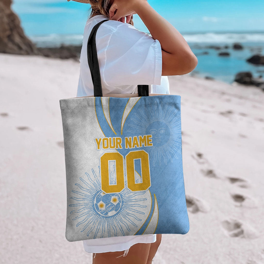 Personalized Argentina Football Fan Pride Tote Bag Sun Of May Motif With Distressed Textures And Waves