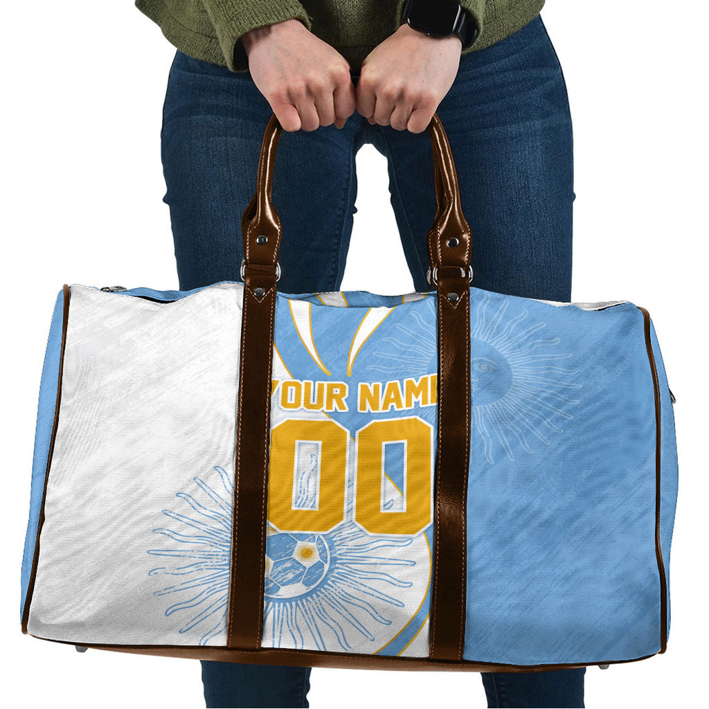 Personalized Argentina Football Fan Pride Travel Bag Sun Of May Motif With Distressed Textures And Waves
