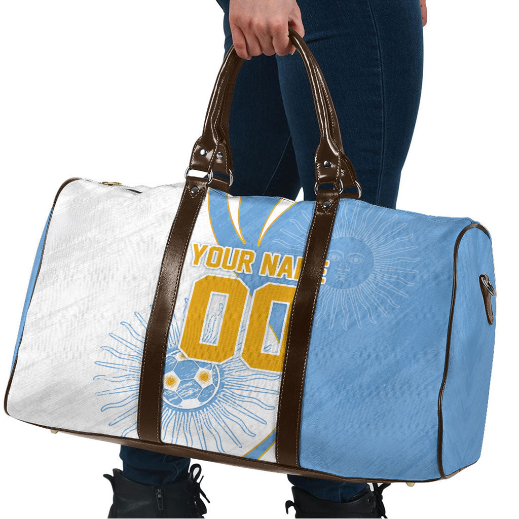 Personalized Argentina Football Fan Pride Travel Bag Sun Of May Motif With Distressed Textures And Waves