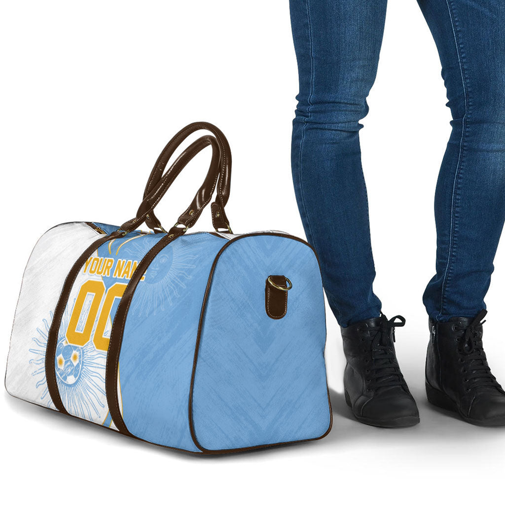 Personalized Argentina Football Fan Pride Travel Bag Sun Of May Motif With Distressed Textures And Waves