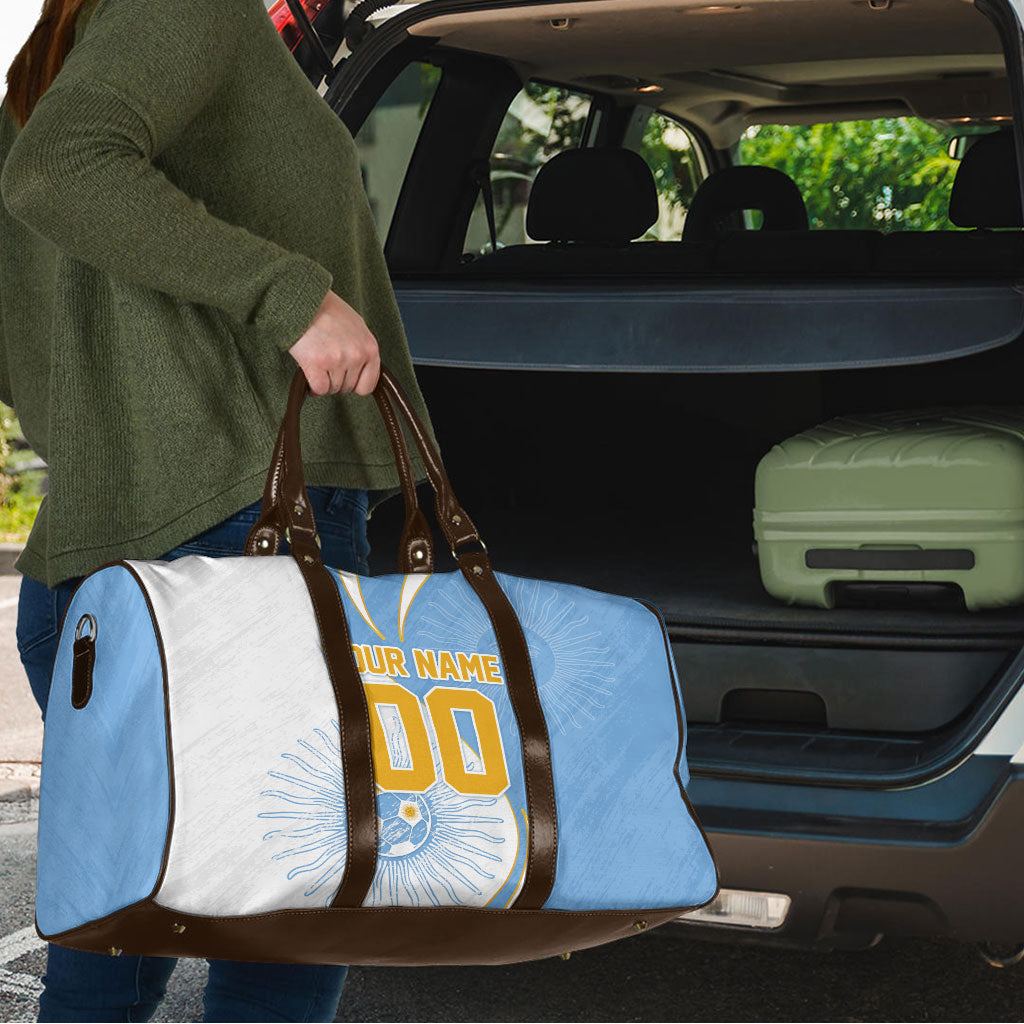 Personalized Argentina Football Fan Pride Travel Bag Sun Of May Motif With Distressed Textures And Waves
