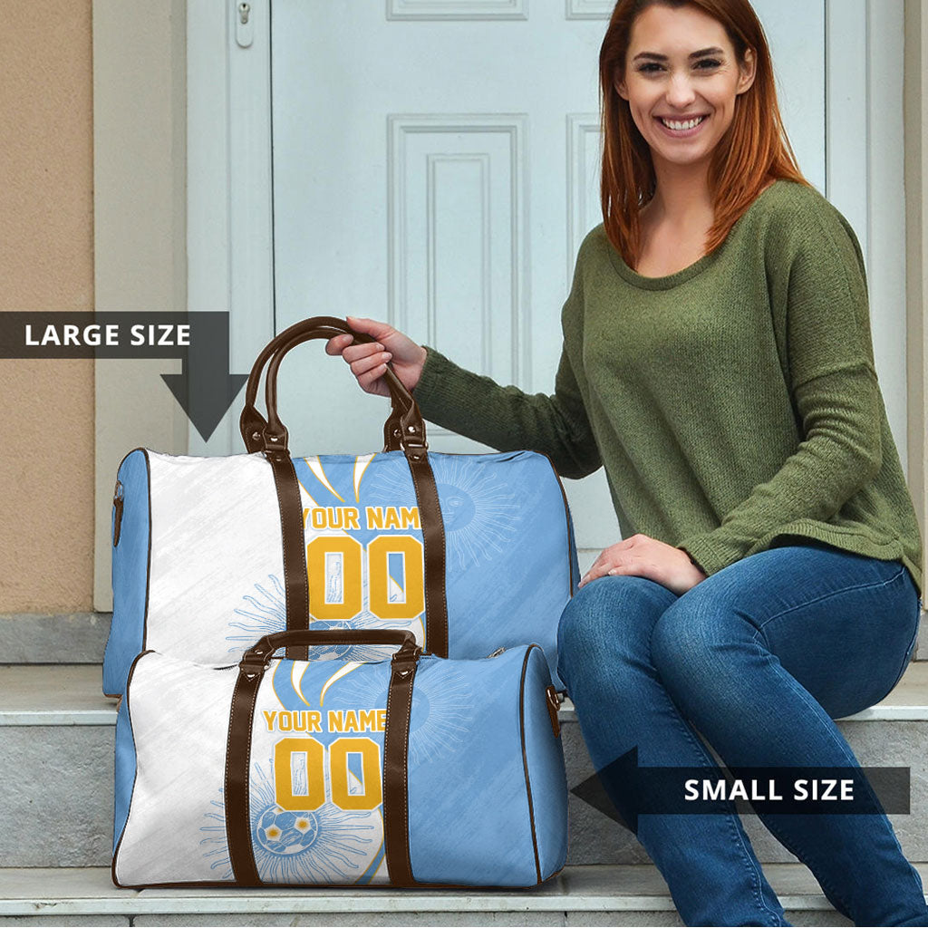 Personalized Argentina Football Fan Pride Travel Bag Sun Of May Motif With Distressed Textures And Waves