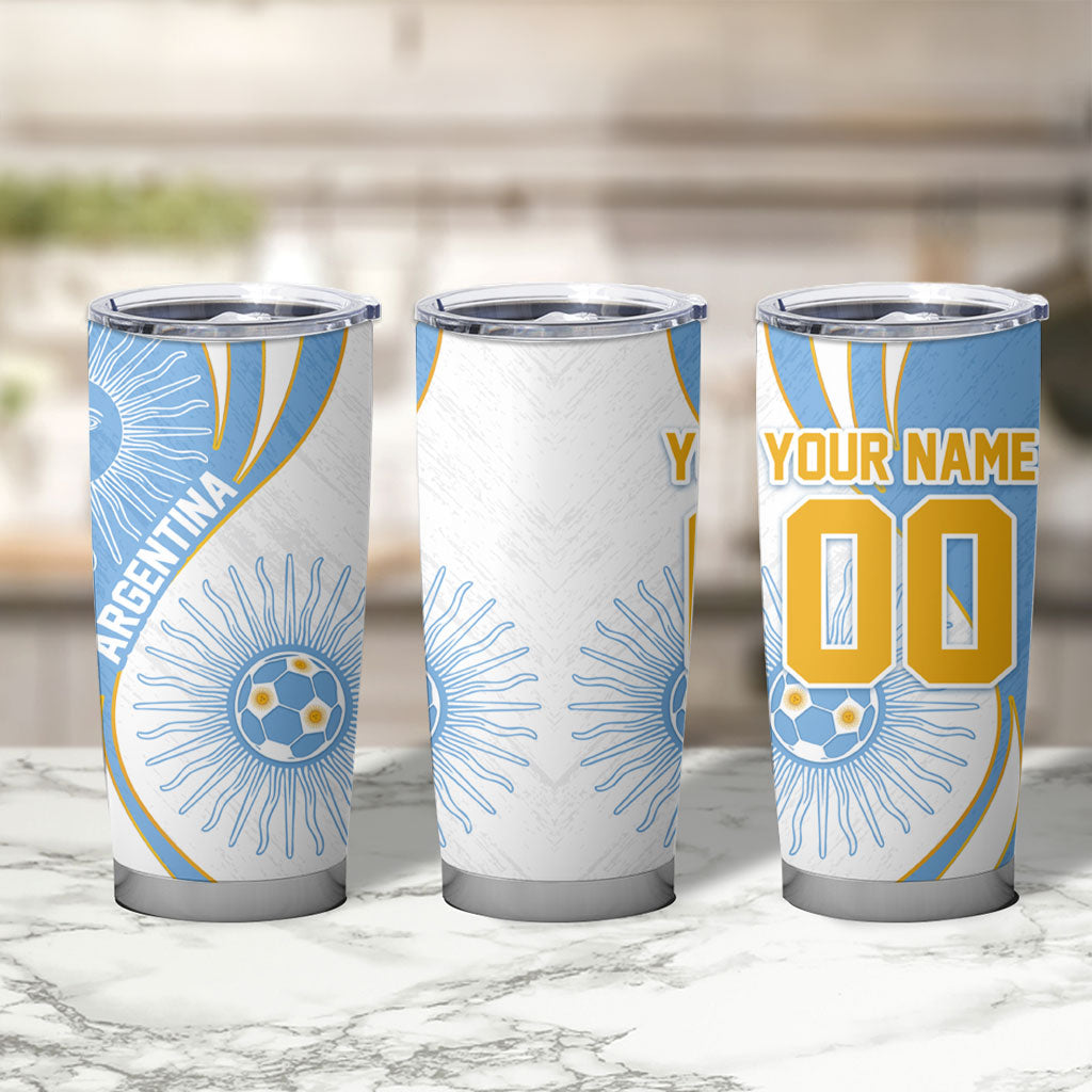Personalized Argentina Football Fan Pride Tumbler Cup Sun Of May Motif With Distressed Textures And Waves