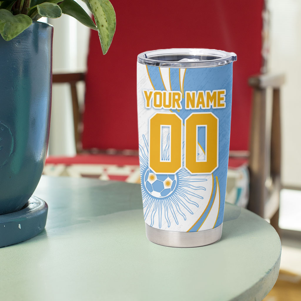 Personalized Argentina Football Fan Pride Tumbler Cup Sun Of May Motif With Distressed Textures And Waves