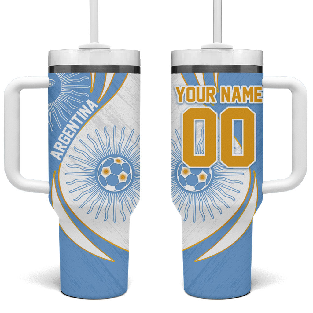 Personalized Argentina Football Fan Pride Tumbler With Handle Sun Of May Motif With Distressed Textures And Waves