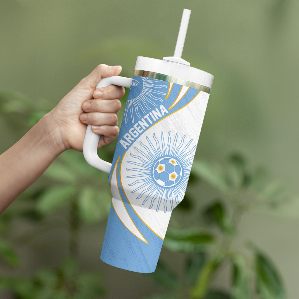 Personalized Argentina Football Fan Pride Tumbler With Handle Sun Of May Motif With Distressed Textures And Waves