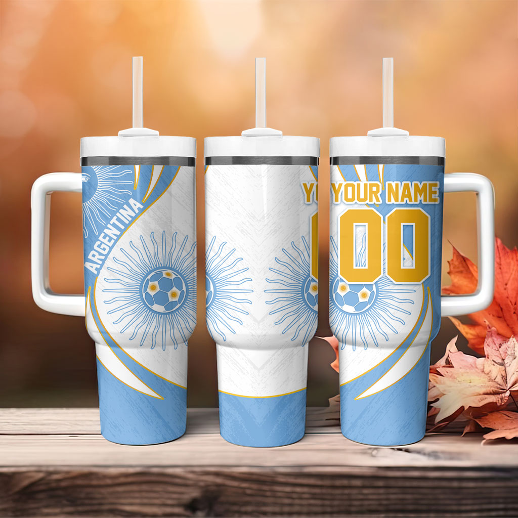 Personalized Argentina Football Fan Pride Tumbler With Handle Sun Of May Motif With Distressed Textures And Waves