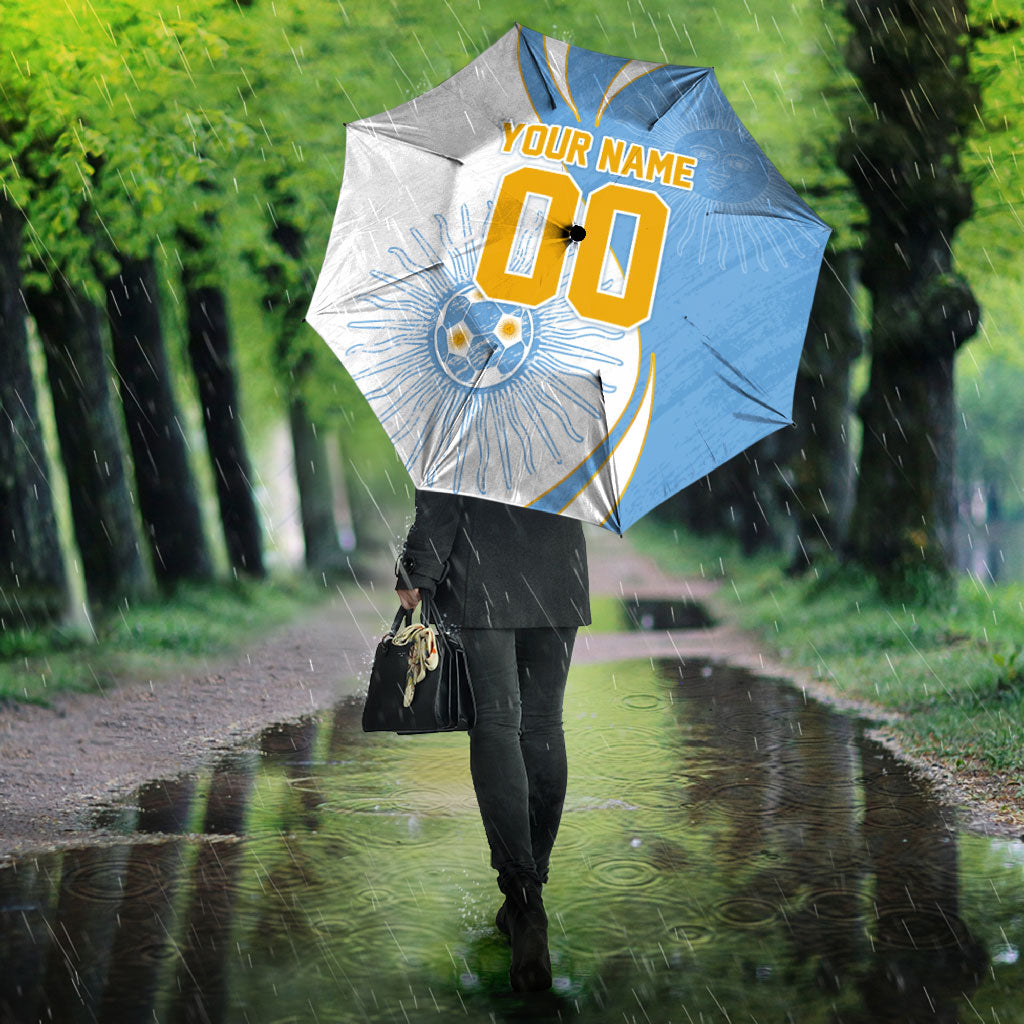 Personalized Argentina Football Fan Pride Umbrella Sun Of May Motif With Distressed Textures And Waves