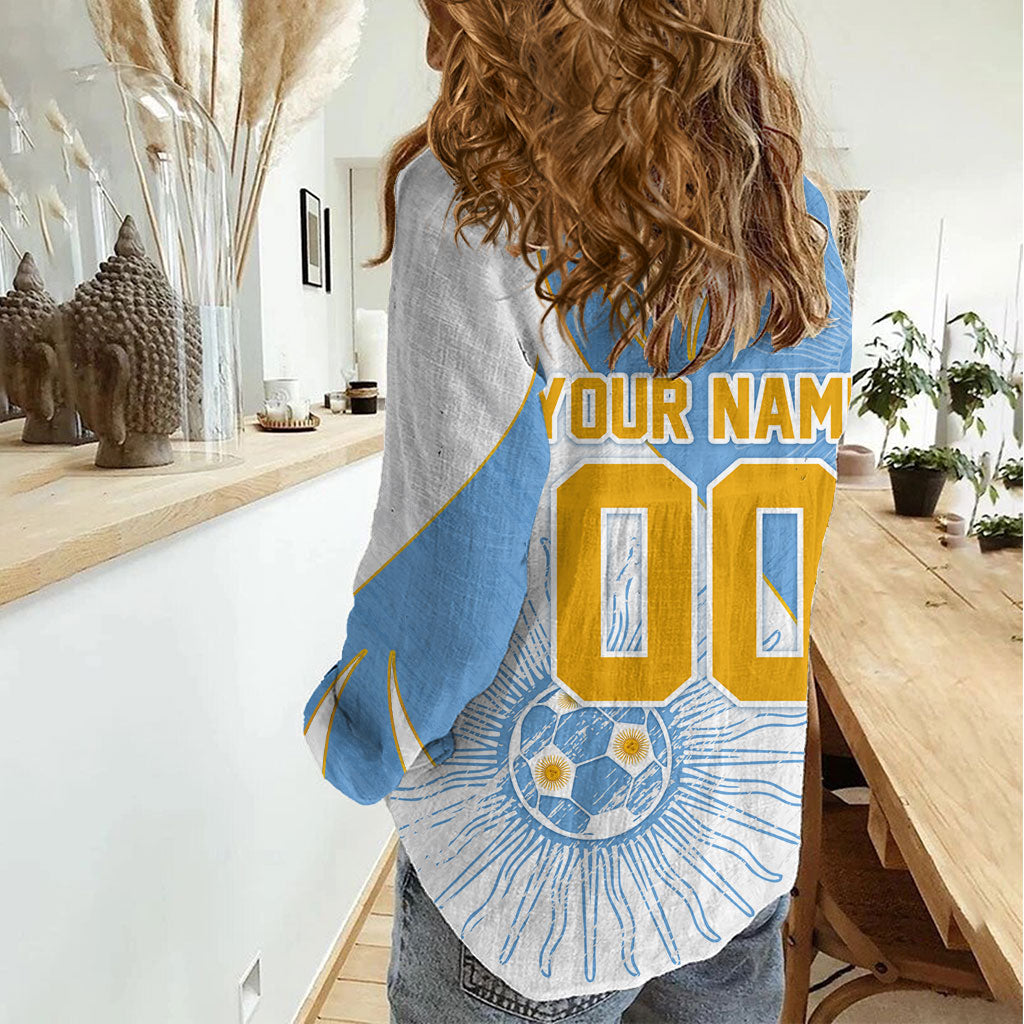 Personalized Argentina Football Fan Pride Women Casual Shirt Sun Of May Motif With Distressed Textures And Waves
