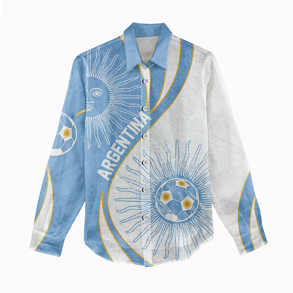 Personalized Argentina Football Fan Pride Women Casual Shirt Sun Of May Motif With Distressed Textures And Waves