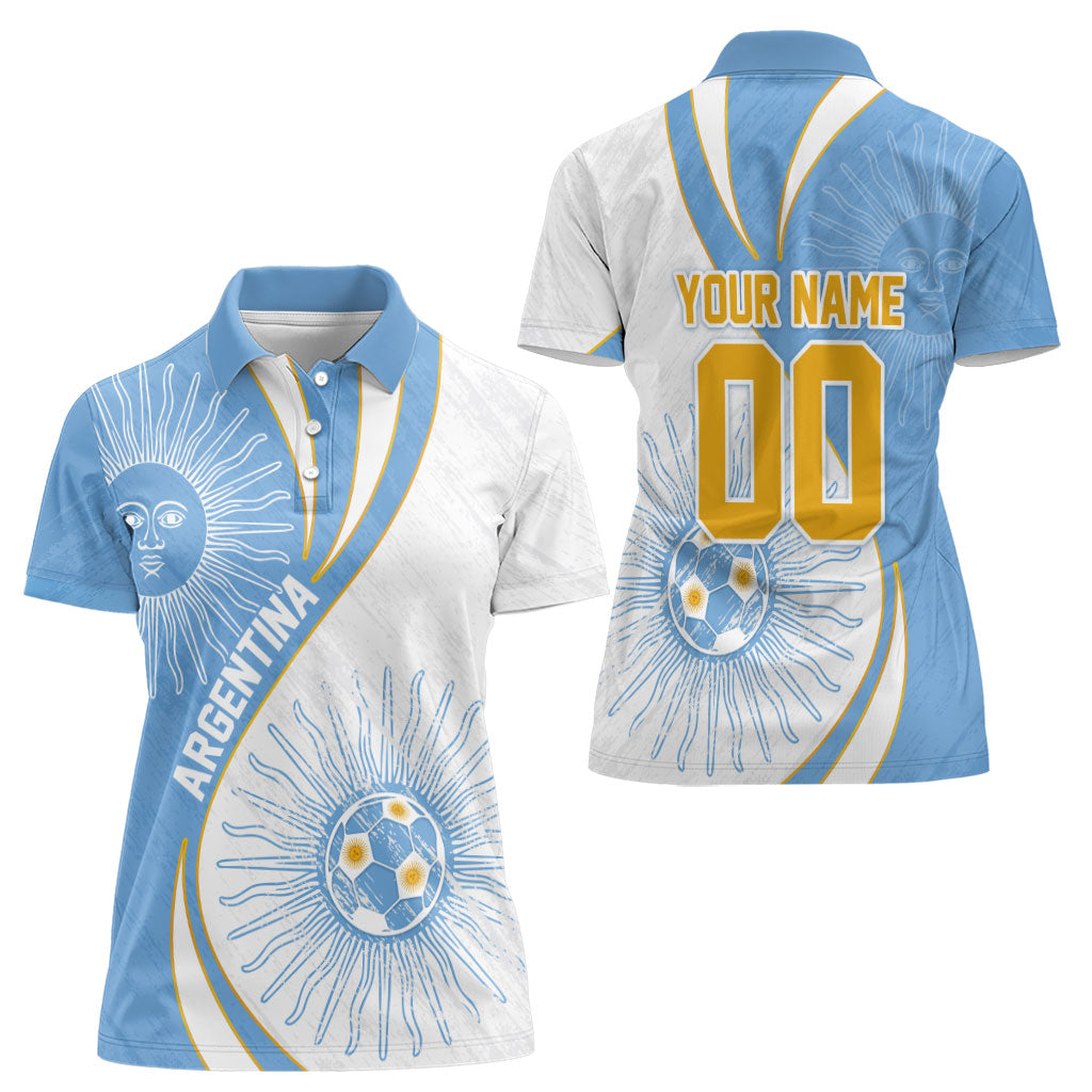 Personalized Argentina Football Fan Pride Women Polo Shirt Sun Of May Motif With Distressed Textures And Waves