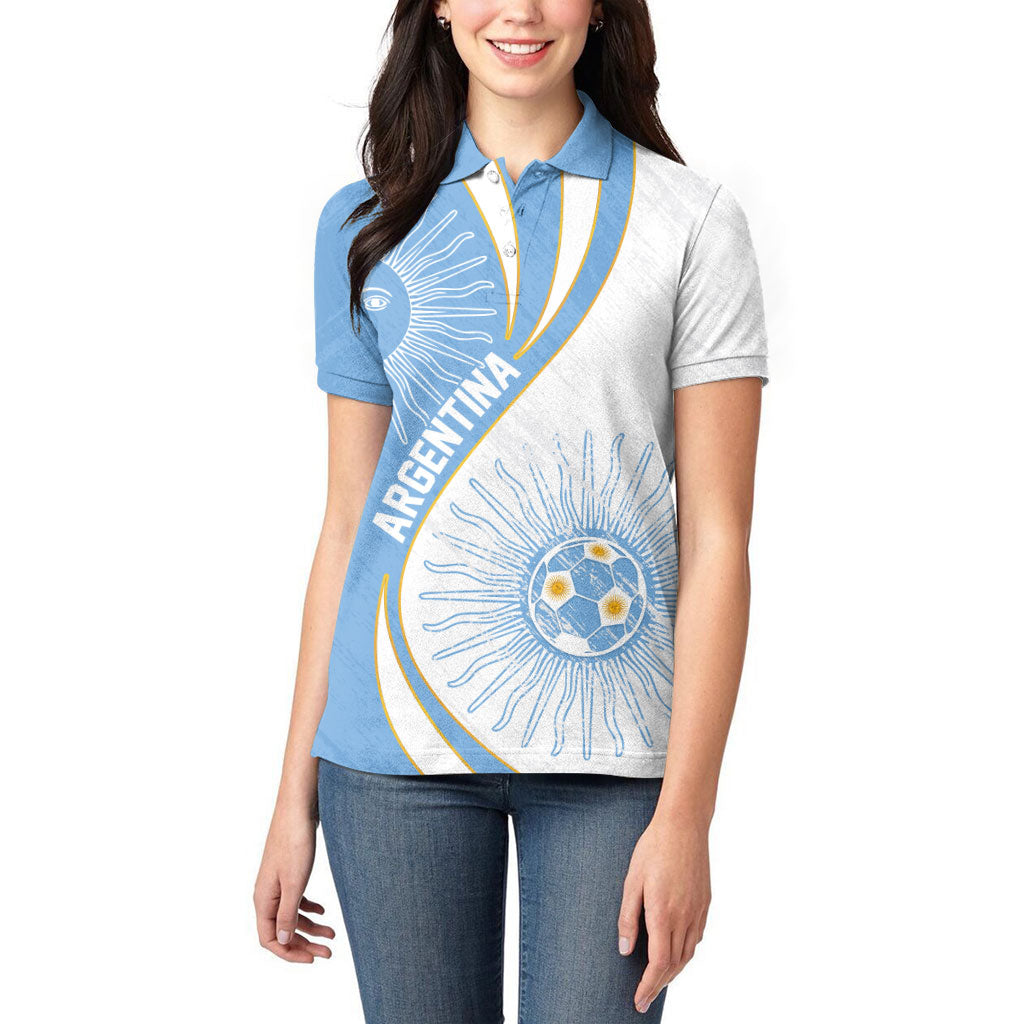 Personalized Argentina Football Fan Pride Women Polo Shirt Sun Of May Motif With Distressed Textures And Waves