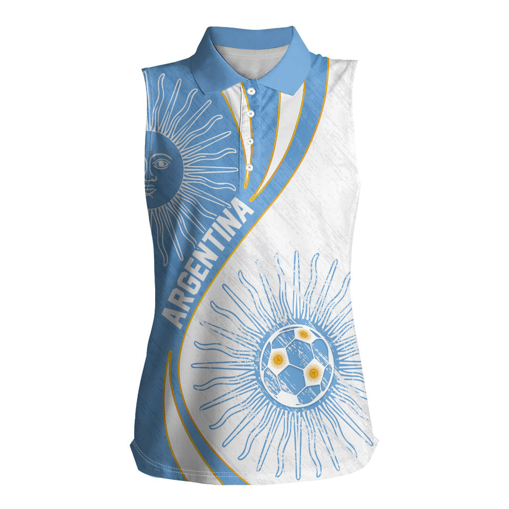 Personalized Argentina Football Fan Pride Women Sleeveless Polo Shirt Sun Of May Motif With Distressed Textures And Waves