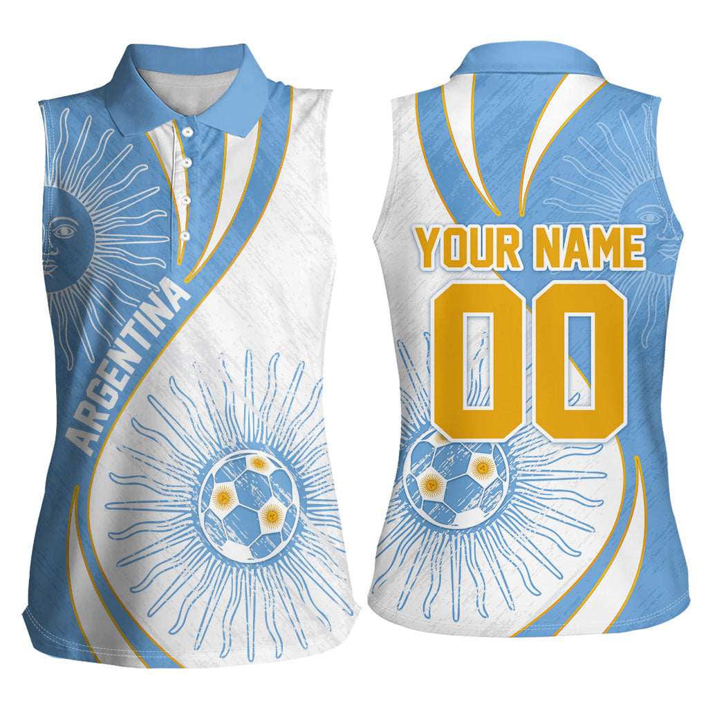 Personalized Argentina Football Fan Pride Women Sleeveless Polo Shirt Sun Of May Motif With Distressed Textures And Waves