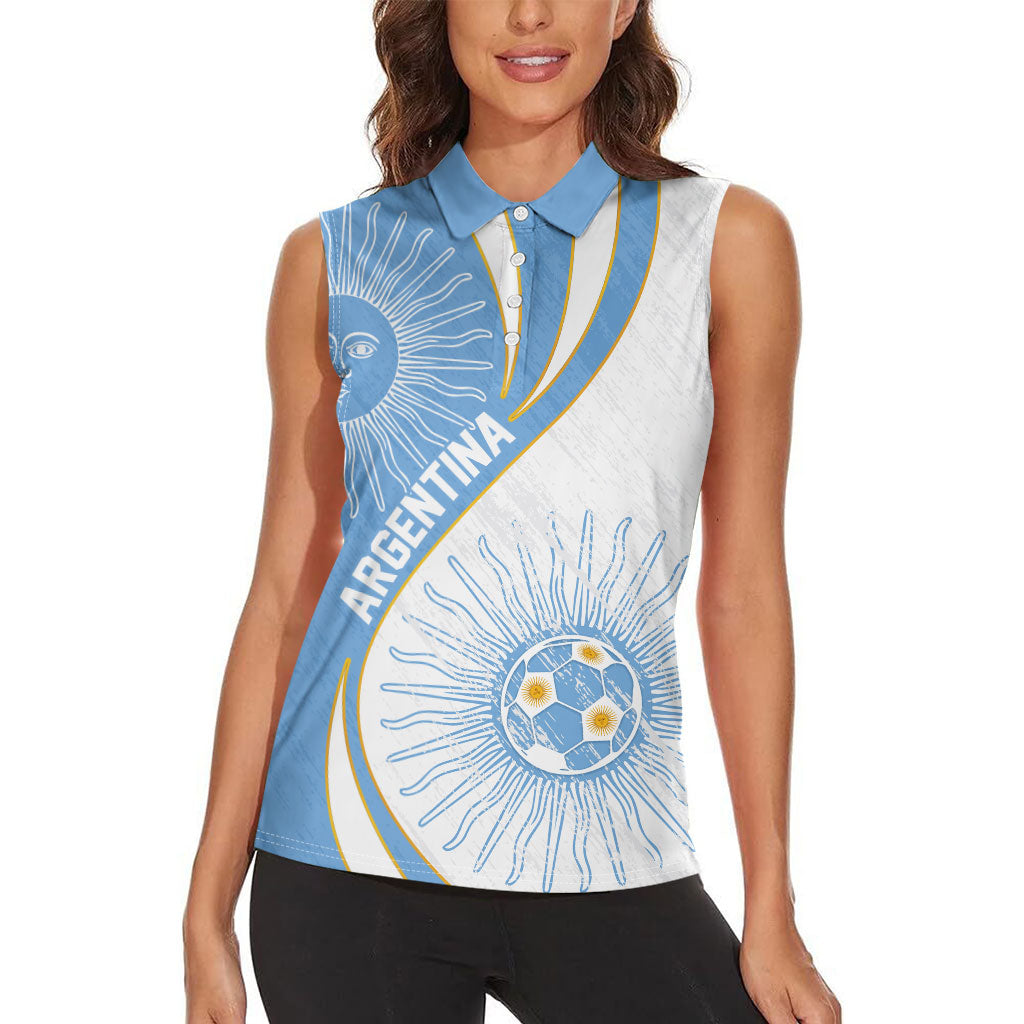 Personalized Argentina Football Fan Pride Women Sleeveless Polo Shirt Sun Of May Motif With Distressed Textures And Waves
