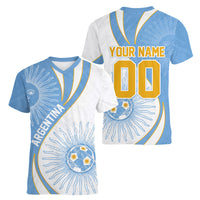 Personalized Argentina Football Fan Pride Women V-Neck T-Shirt Sun Of May Motif With Distressed Textures And Waves