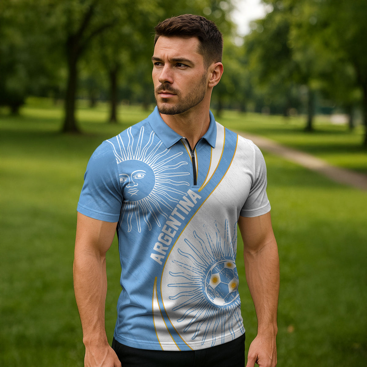 Personalized Argentina Football Fan Pride Zipper Polo Shirt Sun Of May Motif With Distressed Textures And Waves