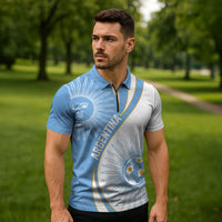 Personalized Argentina Football Fan Pride Zipper Polo Shirt Sun Of May Motif With Distressed Textures And Waves