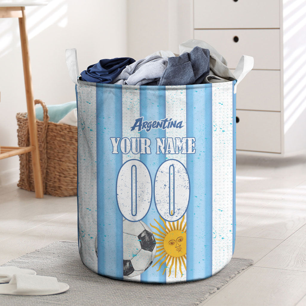Personalized Argentina Football Fan Laundry Basket Sun Of May - Albiceleste Stripes Argentina Flag