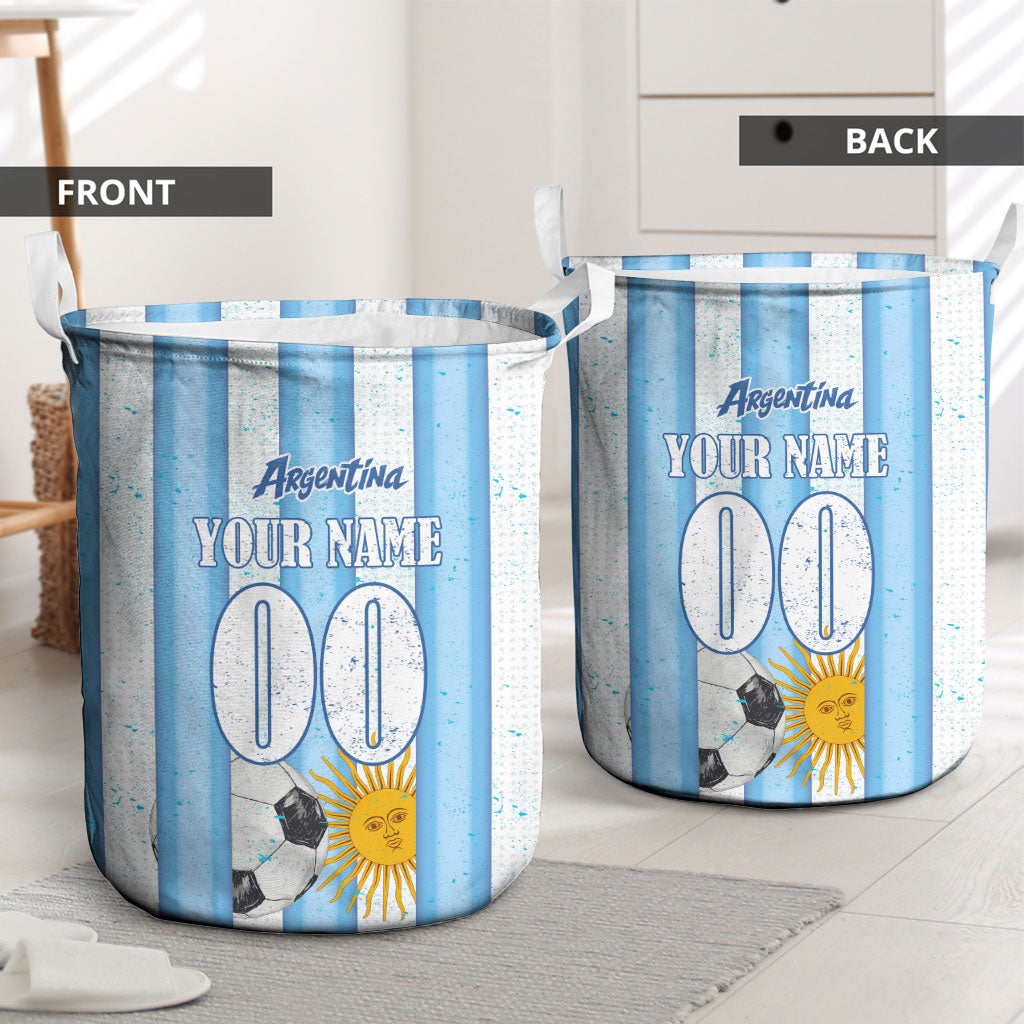 Personalized Argentina Football Fan Laundry Basket Sun Of May - Albiceleste Stripes Argentina Flag