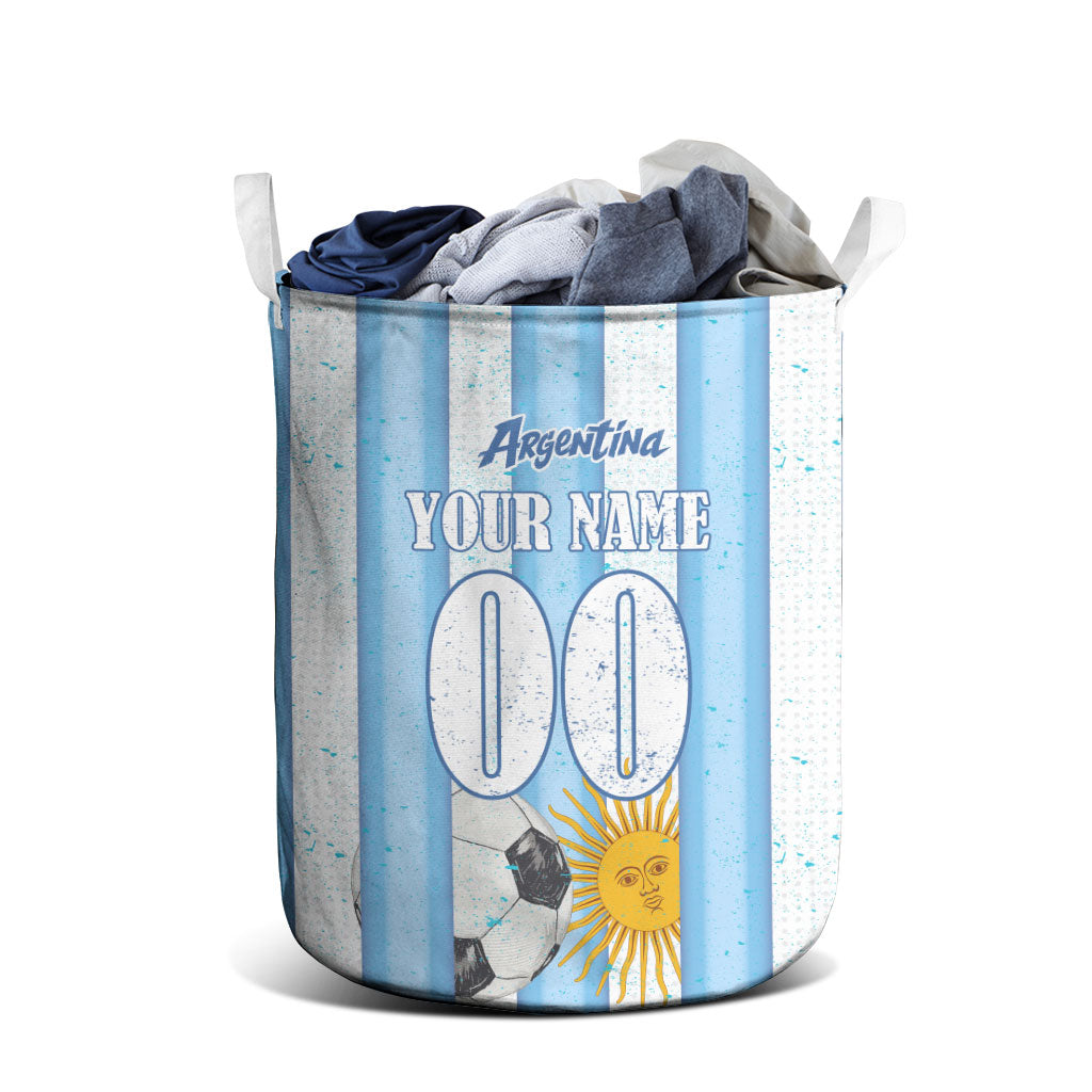 Personalized Argentina Football Fan Laundry Basket Sun Of May - Albiceleste Stripes Argentina Flag