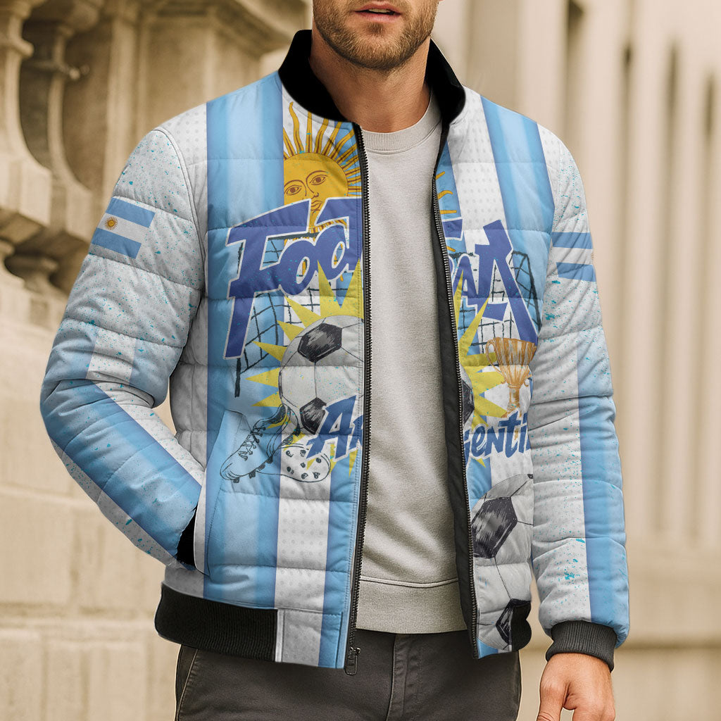 Personalized Argentina Football Fan Bomber Puffer Jacket Sun Of May - Albiceleste Stripes Argentina Flag