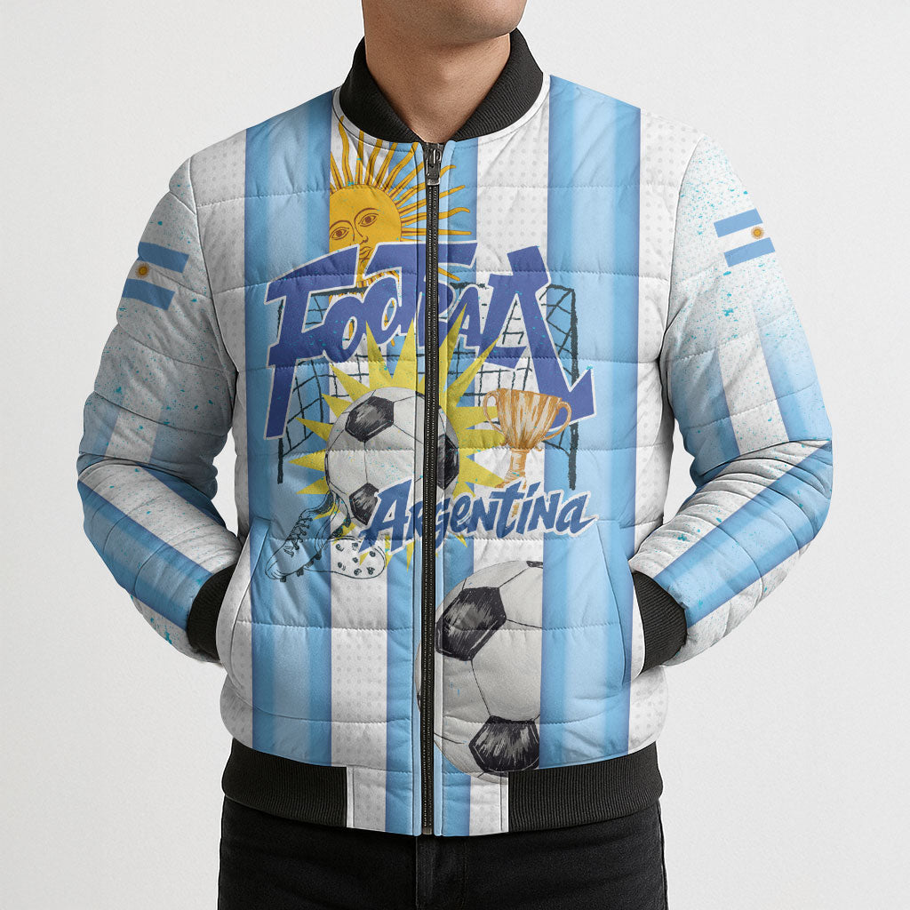 Personalized Argentina Football Fan Bomber Puffer Jacket Sun Of May - Albiceleste Stripes Argentina Flag