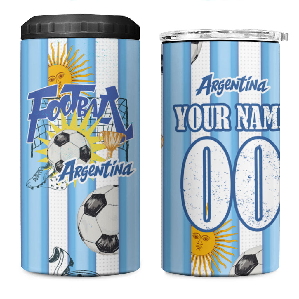 Personalized Argentina Football Fan 4 in 1 Can Cooler Tumbler Sun Of May - Albiceleste Stripes Argentina Flag