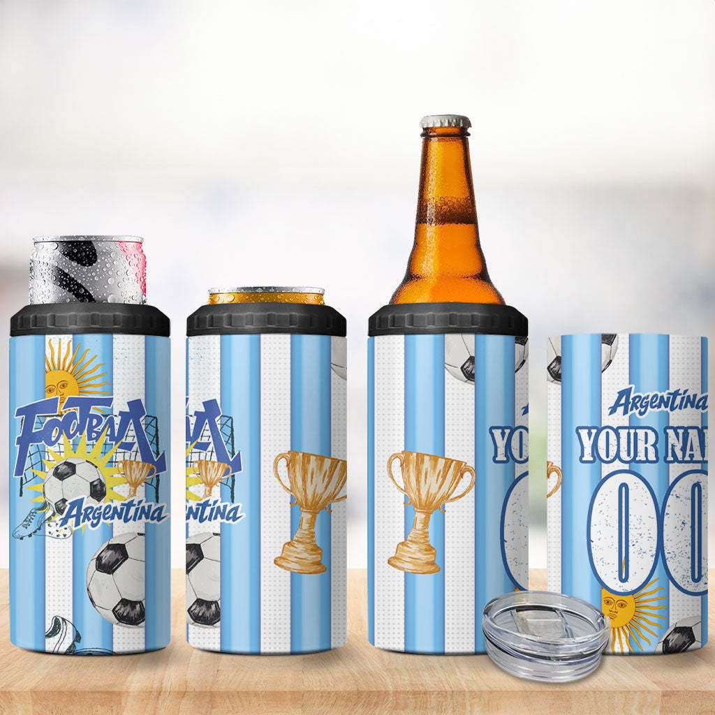 Personalized Argentina Football Fan 4 in 1 Can Cooler Tumbler Sun Of May - Albiceleste Stripes Argentina Flag