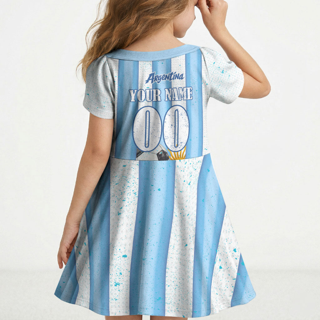 Personalized Argentina Football Fan Kid Short Sleeve Dress Sun Of May - Albiceleste Stripes Argentina Flag
