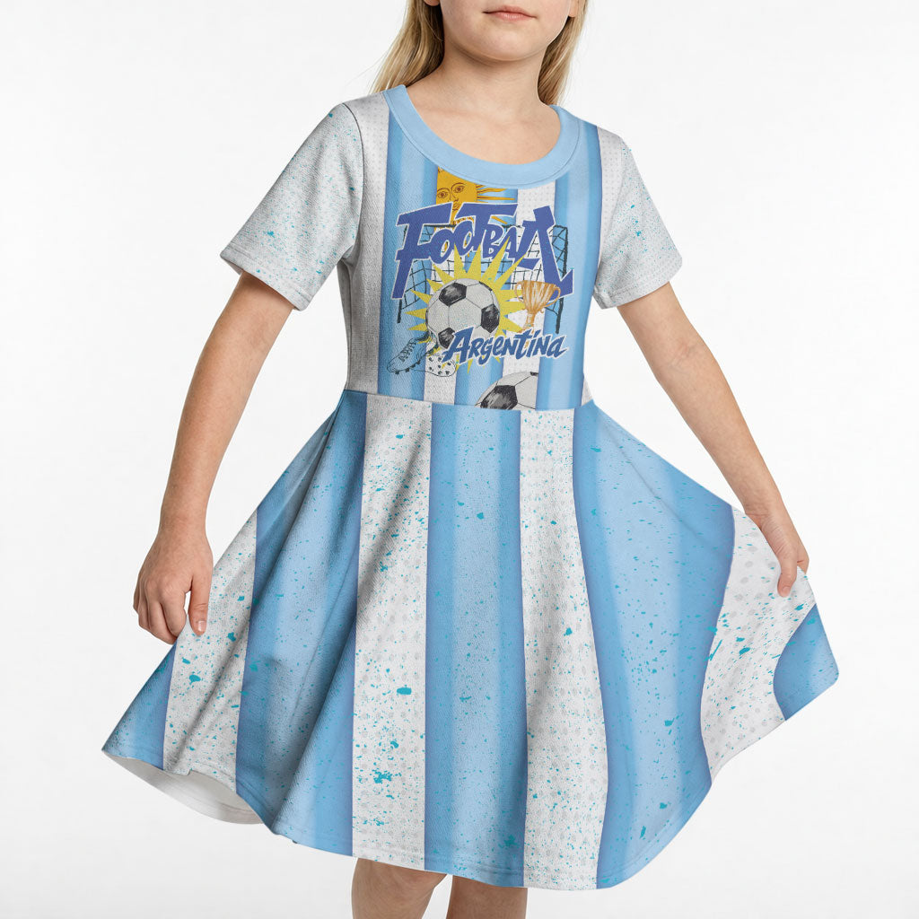 Personalized Argentina Football Fan Kid Short Sleeve Dress Sun Of May - Albiceleste Stripes Argentina Flag