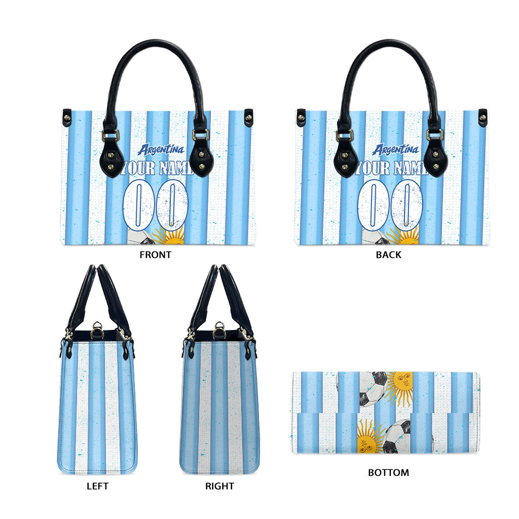 Personalized Argentina Football Fan Leather Bag Sun Of May - Albiceleste Stripes Argentina Flag