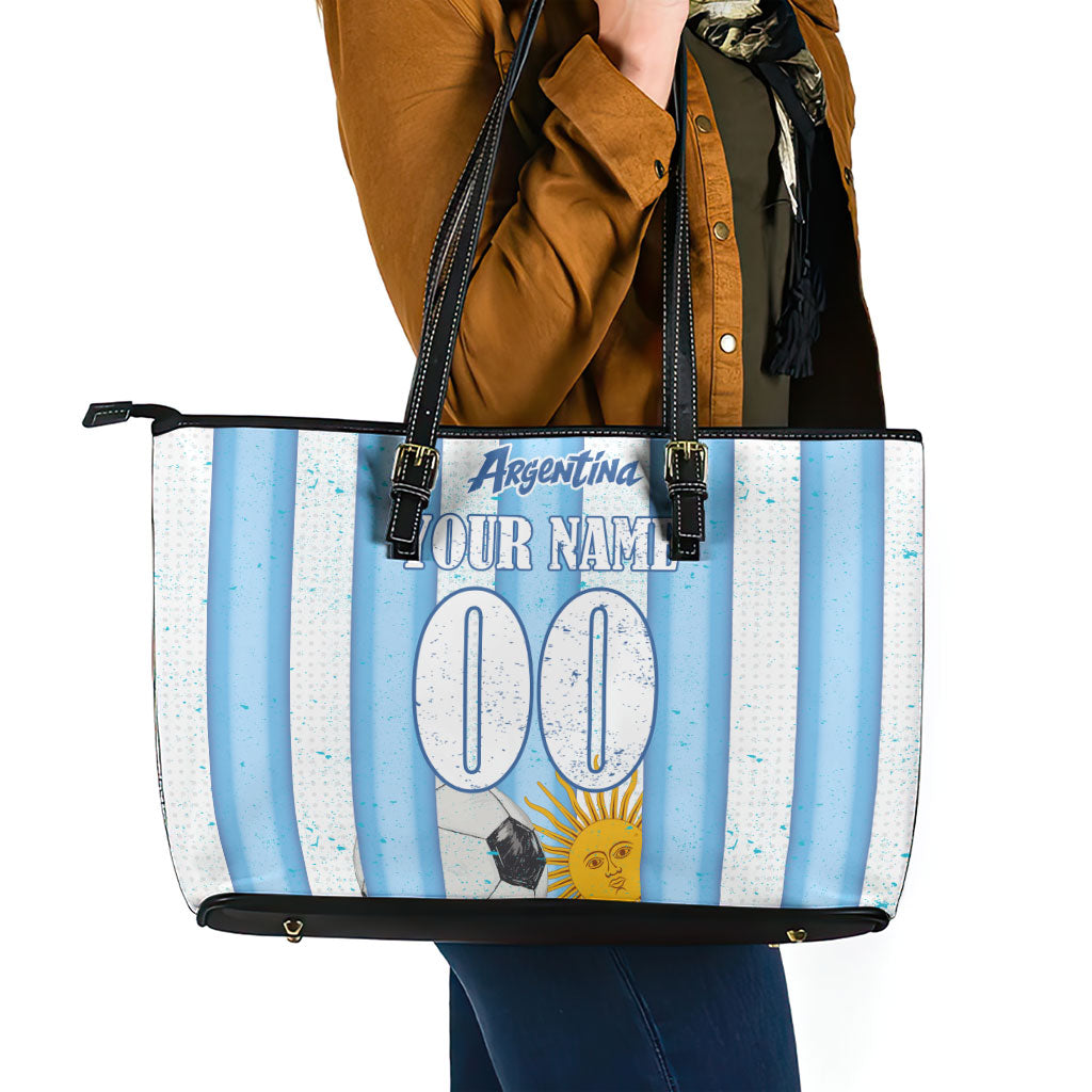 Personalized Argentina Football Fan Leather Tote Bag Sun Of May - Albiceleste Stripes Argentina Flag